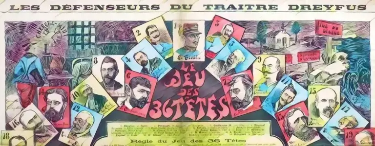 Jeu parodique publié par l'hebdomadaire L'antijuif en 1899 : Zola occupe la case n°7, Duclaux la case n°8